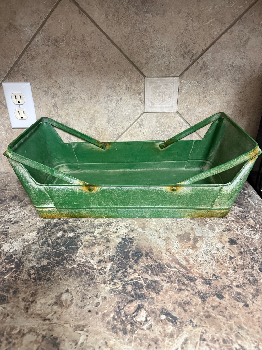 Green Metal Trough Organizer with Fold-Down Handles